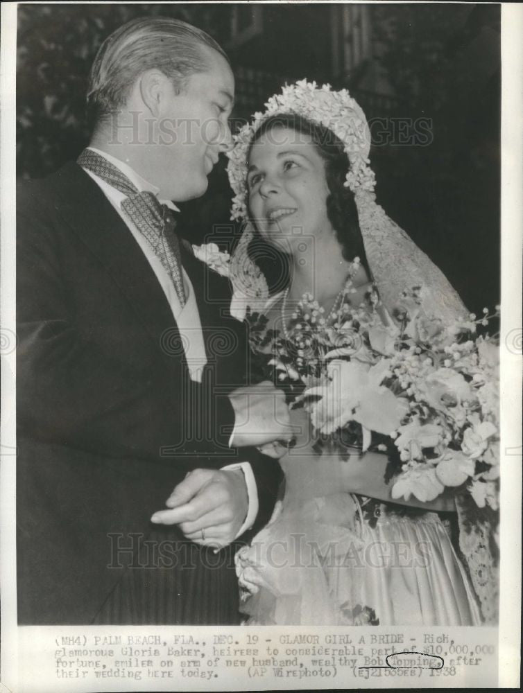 1938 Press Photo Gloria Baker, Bob Topping, wedding - Historic Images