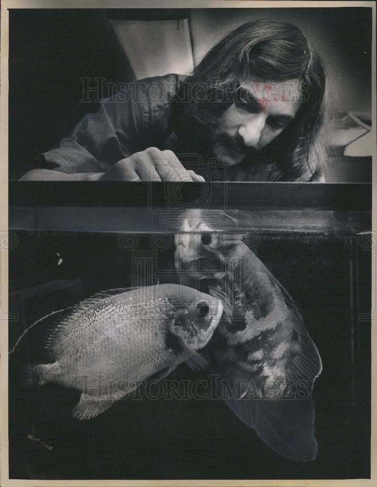 1974 Press Photo ELI BARLIA RESEARCHER  trained fish - Historic Images