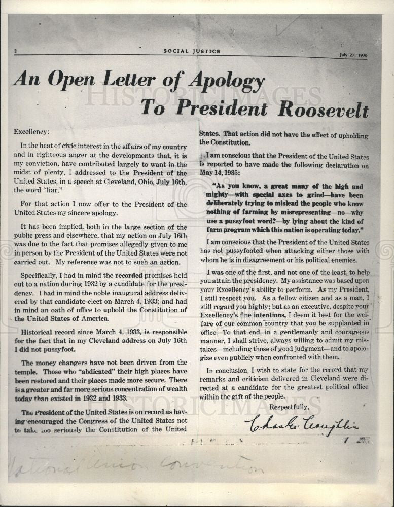 1976 Press Photo Roosevelt Apology Letter - Historic Images