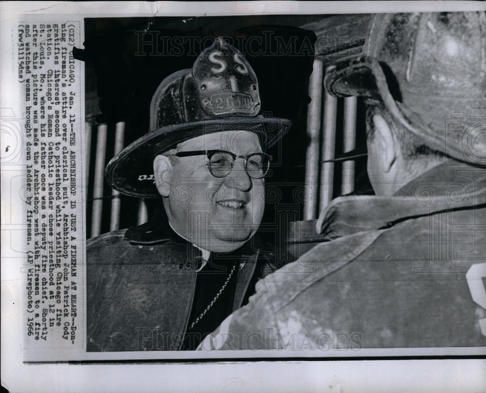 1966 Press Photo Archbishop John Patrick cody firemen - Historic Images