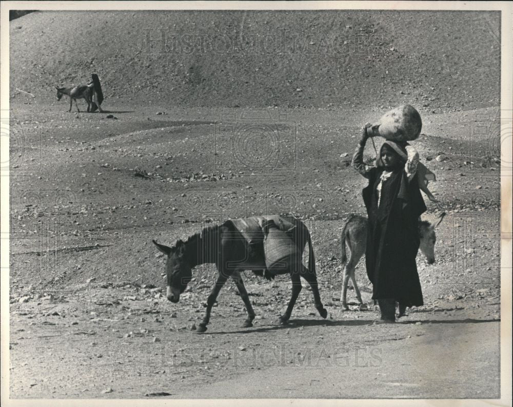 1983 Press Photo desert woman water jugs donkey - Historic Images