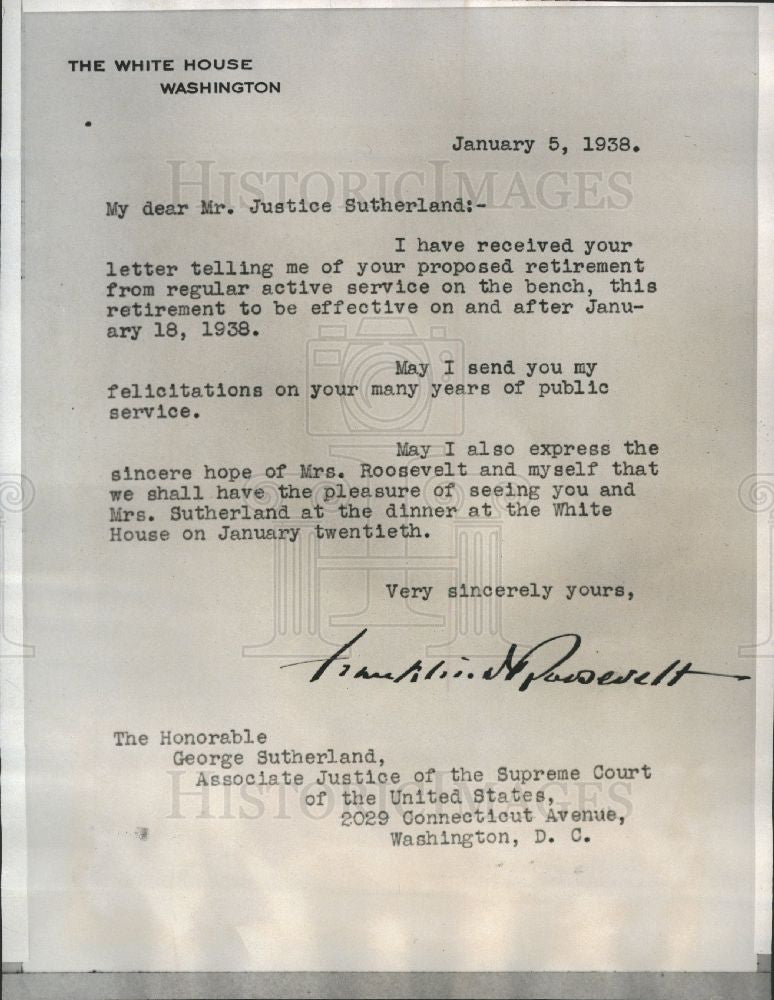 1938 Press Photo Justice Sutherland resignation - Historic Images