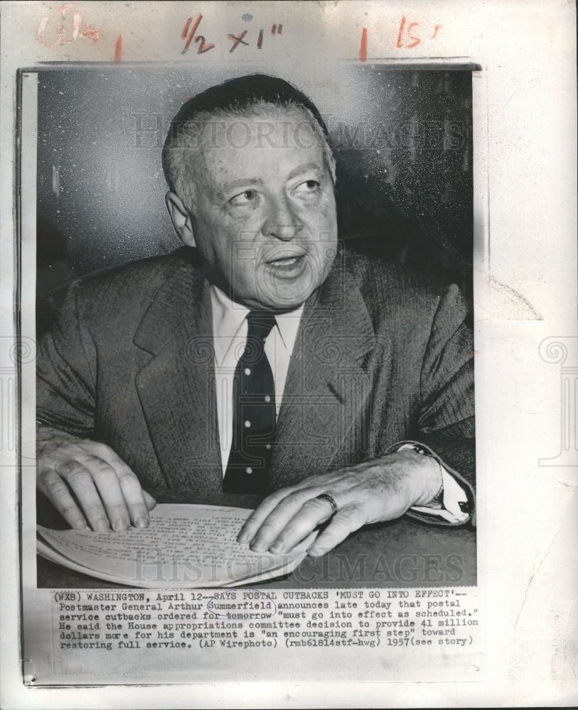1957 Press Photo Arthur Summerfield postal service - Historic Images