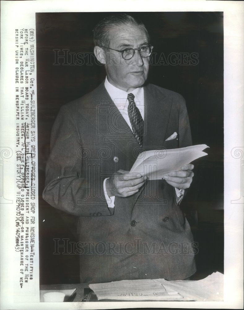 1943 Press Photo Arthur Hays Sulzberger President - Historic Images