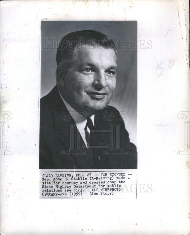 1959 Press Photo Senator John Stahlin Belding Michigan - Historic Images