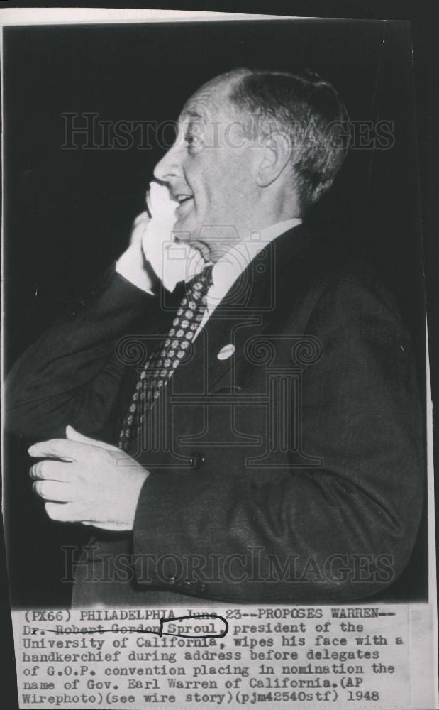1948 Press Photo Robert Sproul CA University President - Historic Images