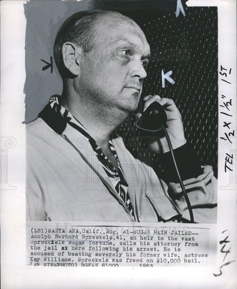 1953 Press Photo Adolph Spreckels Sugar Heir Arrest - Historic Images