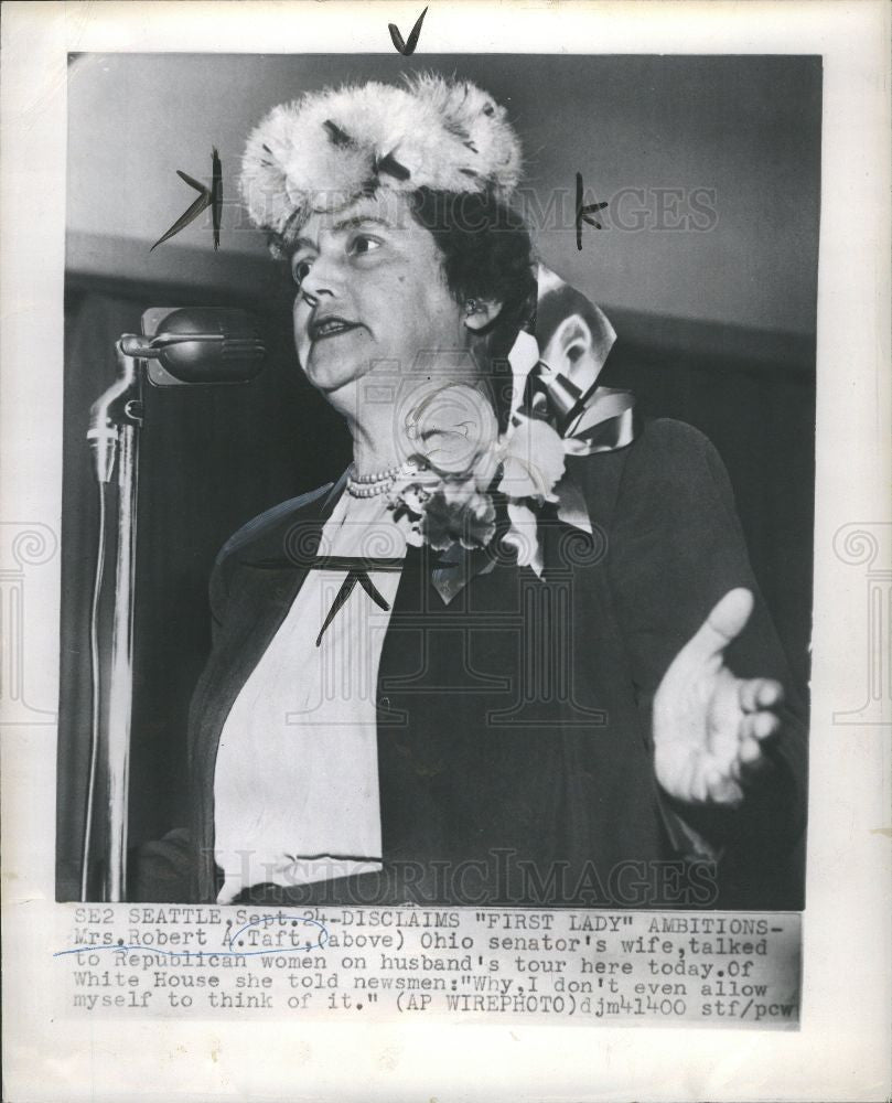 1947 Press Photo Mrs. Robert A.Taft disclaims ambitions - Historic Images