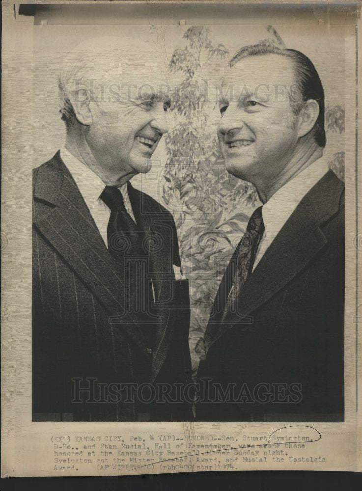 1974 Press Photo Stuart Symington and Stan Musial - Historic Images