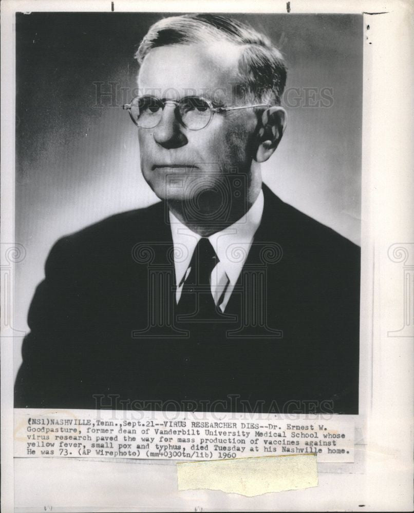 1960 Press Photo Dr. Ernest W. Goodpasture, Vanderbilt - Historic Images