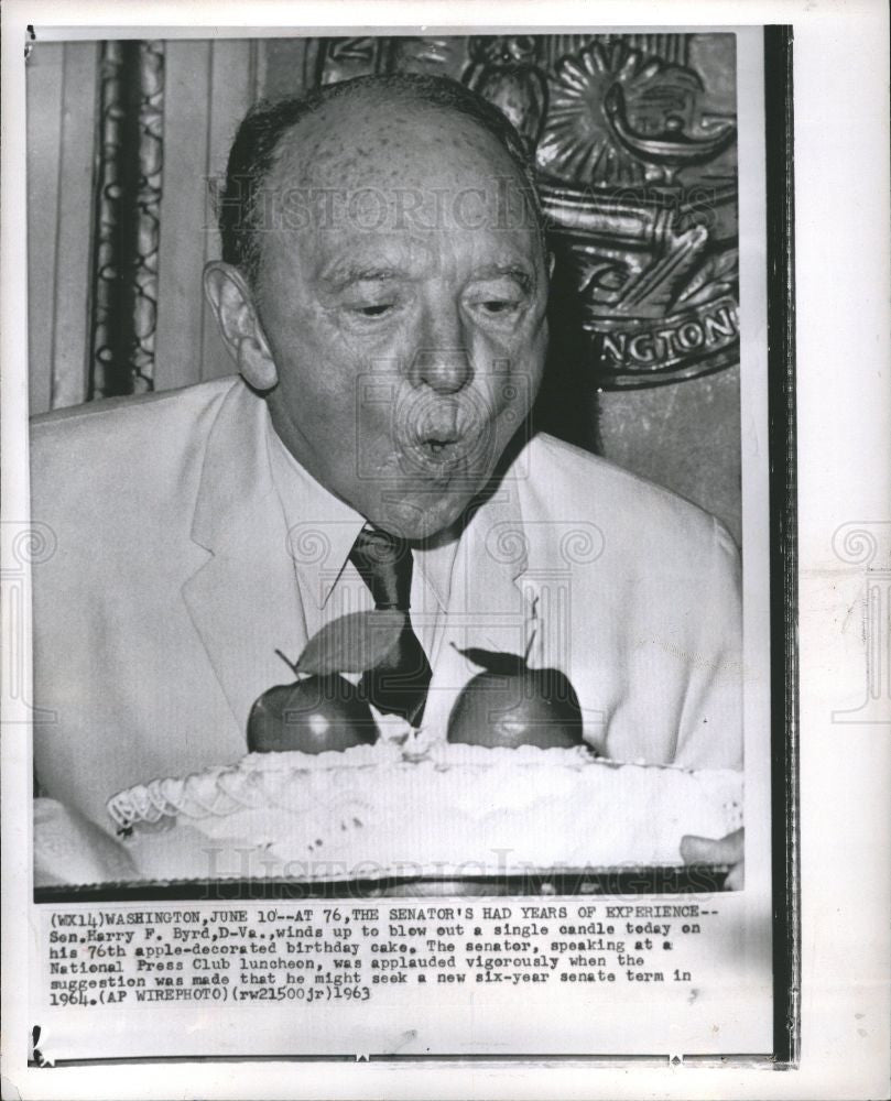 1963 Press Photo Harry F. Byrd birthday washington - Historic Images
