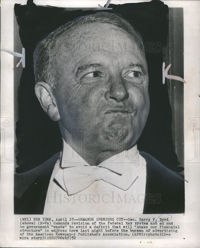 1952 Press Photo Harry F. Byrd U.S. senator - Historic Images