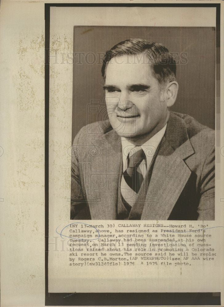 1975 Press Photo Howard Bo Callaway resignation manager - Historic Images