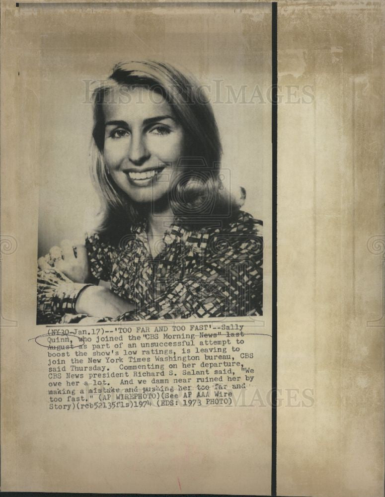 1974 Press Photo SALLY QUINN joined CBS Morning News - Historic Images