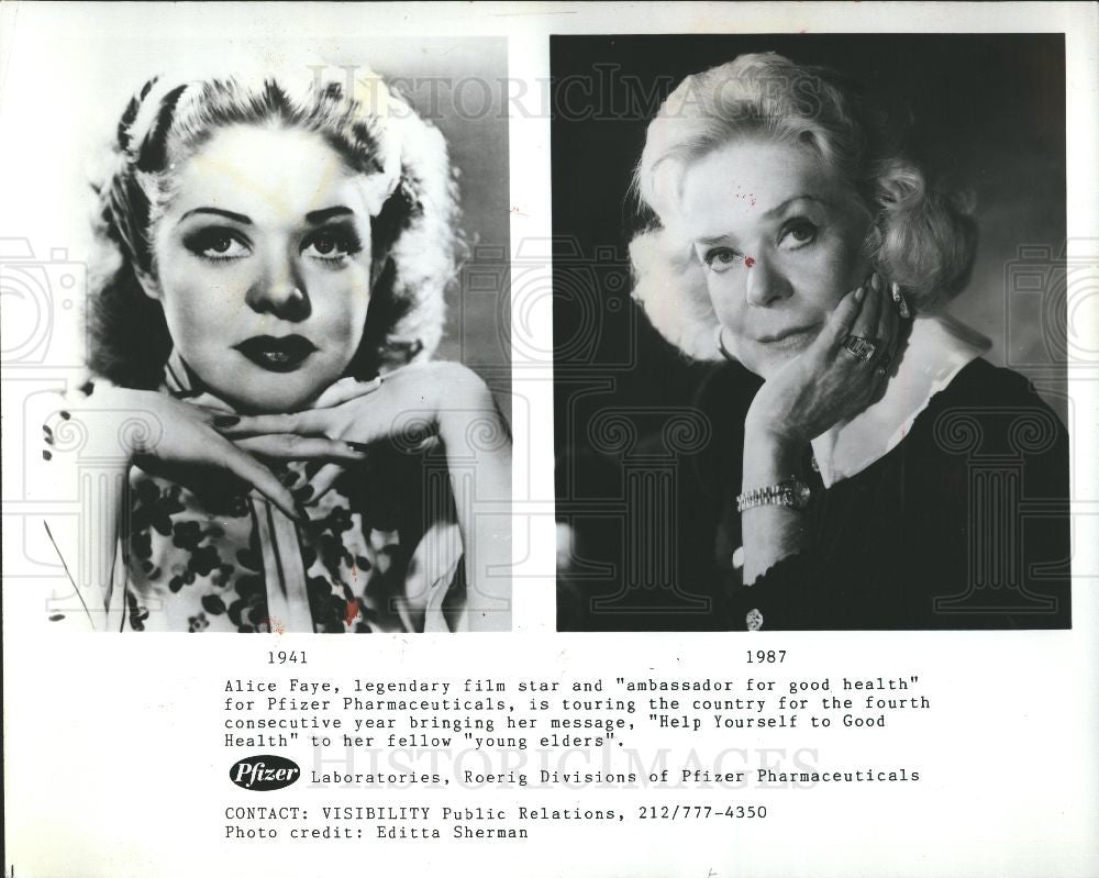 1987 Press Photo Alice Faye Actress Pfizer Spokeswoman - Historic Images