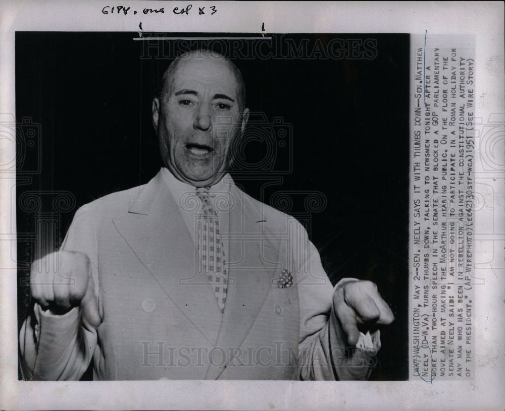 1951 Press Photo Sen. Matthew Neely - Historic Images