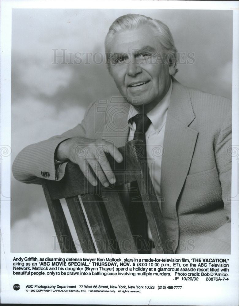 1992 Press Photo Andy Griffith as Ben Matlock - Historic Images