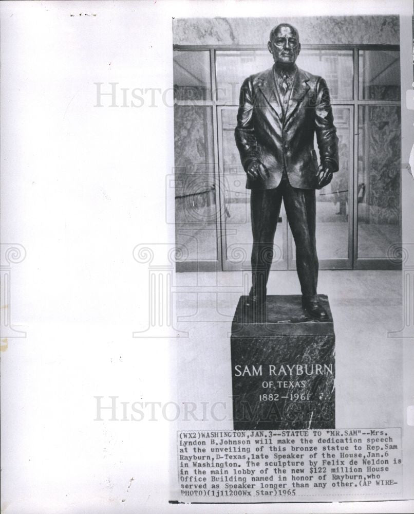 1965 Press Photo Sam Rayburn statue Democrat Texas - Historic Images