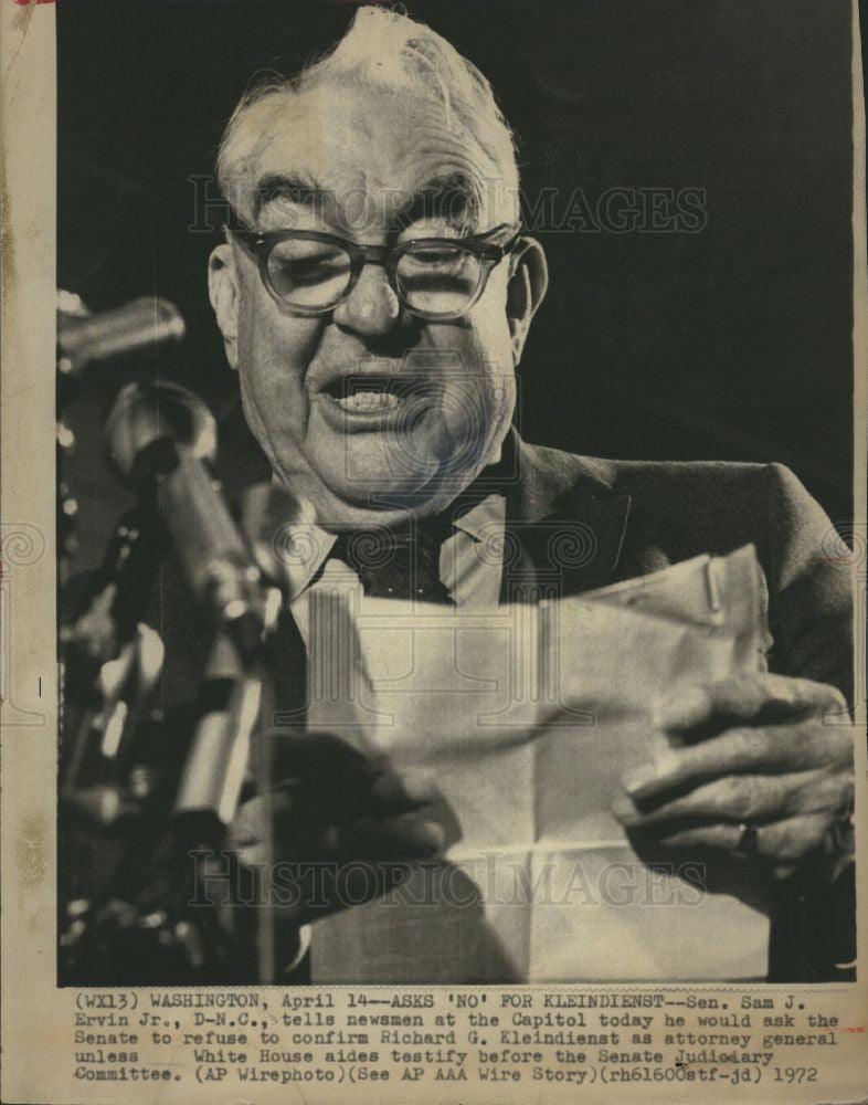 1973 Press Photo Sam J. Ervin Jr. D-N.C. Senator - Historic Images