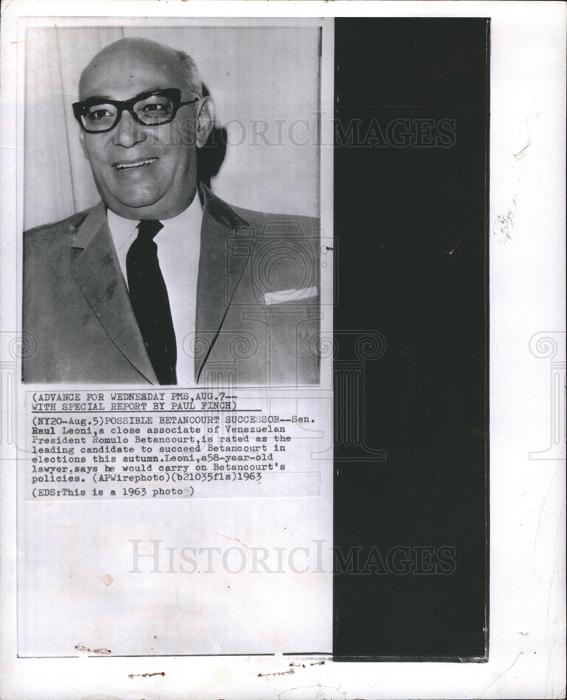 1963 Press Photo Senator Raul Leoni Venezuela President - dfpb11343- Historic Images