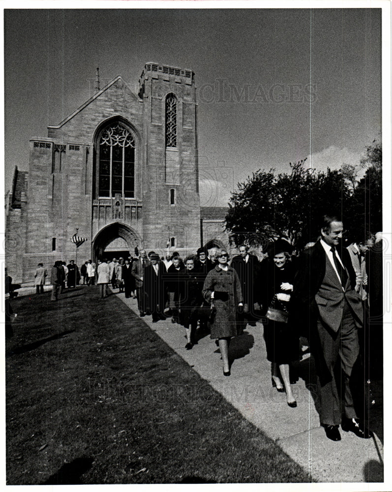 1976 Mourners file out the small chapel-Historic Images