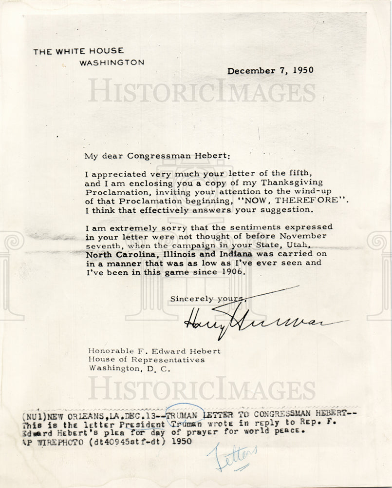 1950 President Truman Letter To Hebert-Historic Images