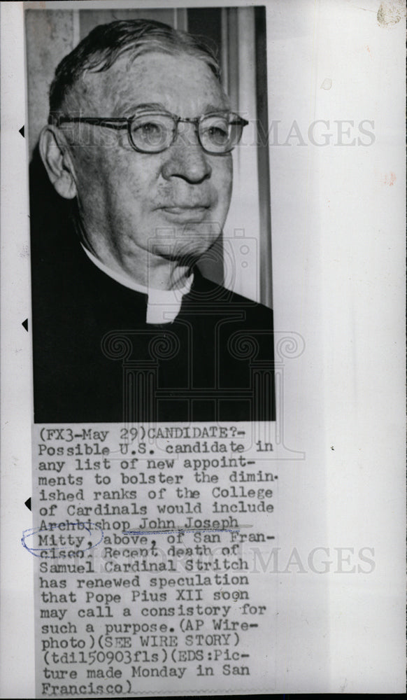 1958 Press Photo candidate Archbishop John Joseph Mitty - Historic Images