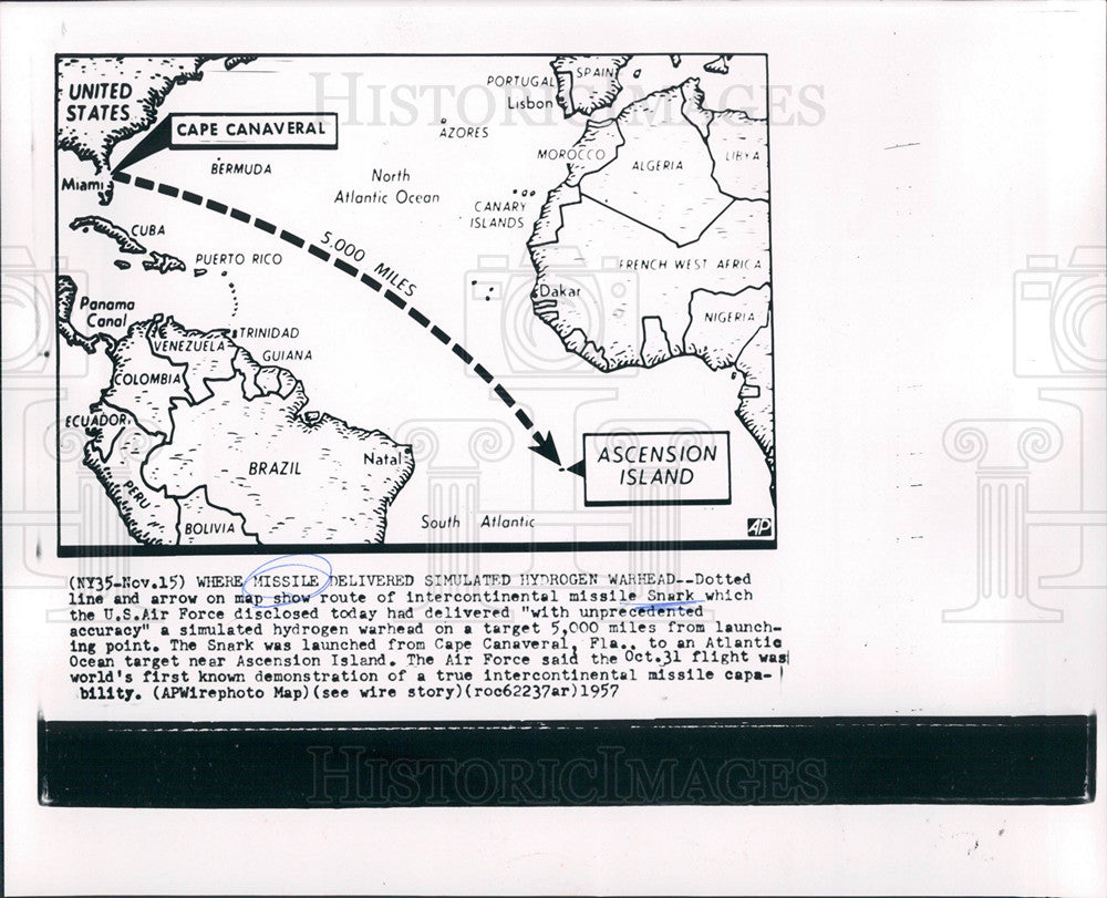 1957 Photo Hydrogen Warhead &quot;Snark&#39;s&quot; Launch Route - Historic Images