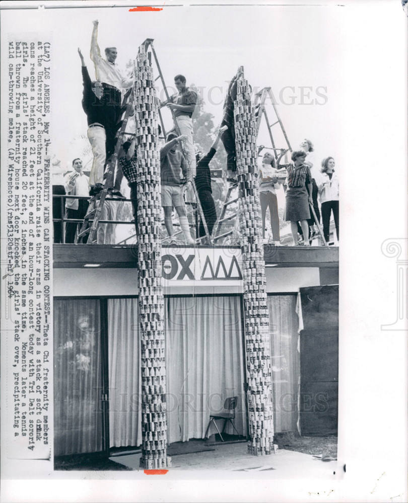 1964 Press Photo Fraternity Wins Can Stacking Contest - Historic Images