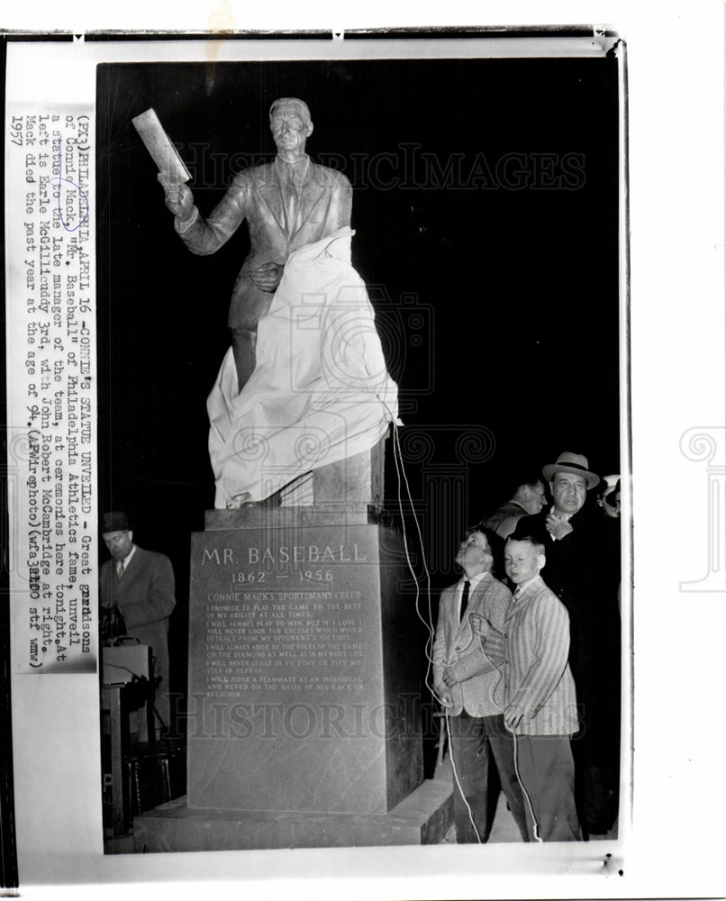 1957 Press Photo Connie Mack Manager Statue Grandsons - Historic Images