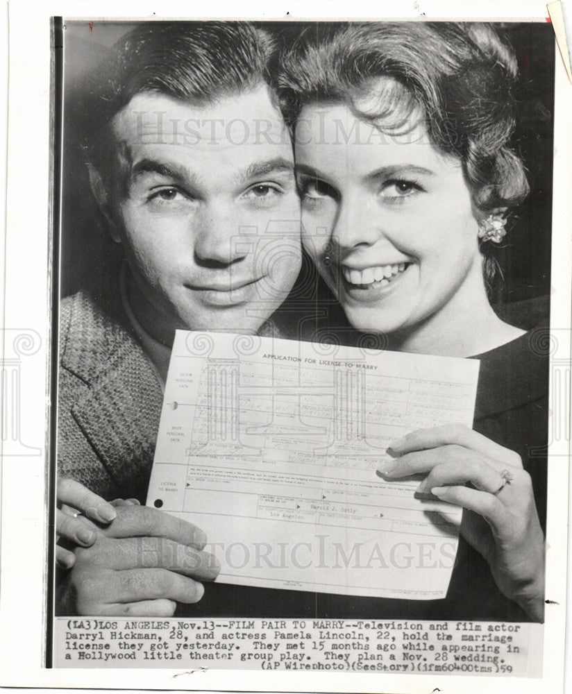 1959 Press Photo Hickman Lincoln Actor Marriage - Historic Images