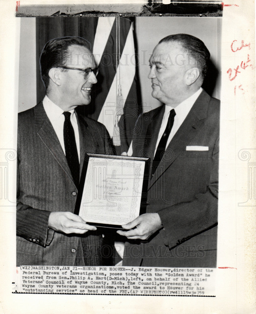 1959 Press Photo Edgar Hoover Philip Hart Golden Award - Historic Images