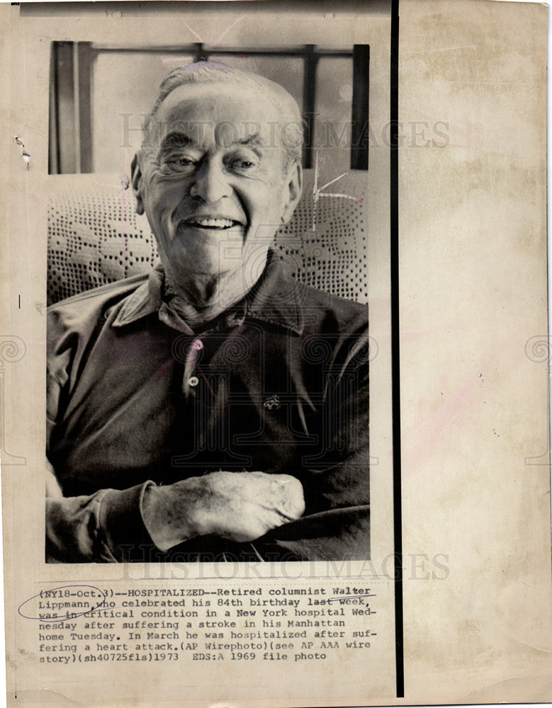 1973 Press Photo Walter Lippmann columnist hospitalized - Historic Images