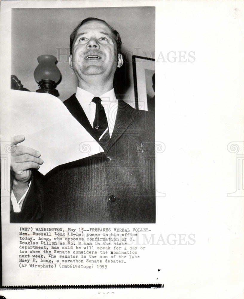 1959 Press Photo Senator Russel Long Democrat Louisiana - Historic Images