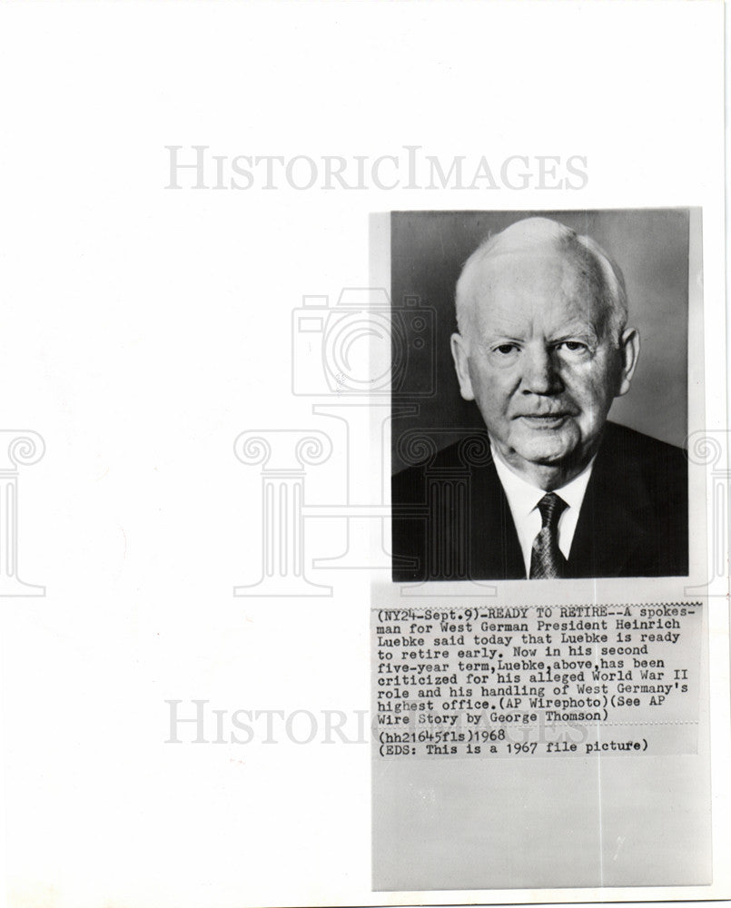 1968 Press Photo President Heinrich Luebke retire - Historic Images