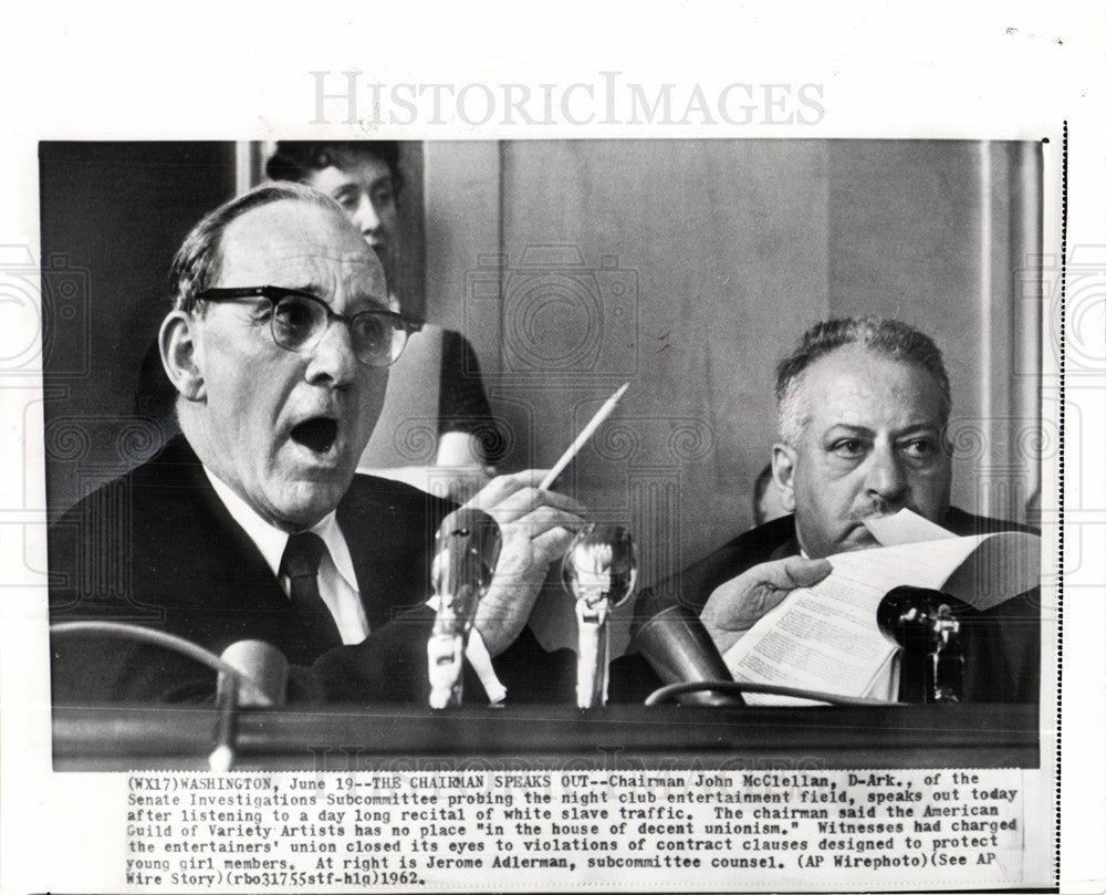 1962 Press Photo John McClellan white slave traffic - Historic Images