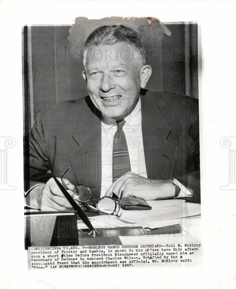 1957 Press Photo Neil Hosler McElroy Secretary Defense - Historic Images