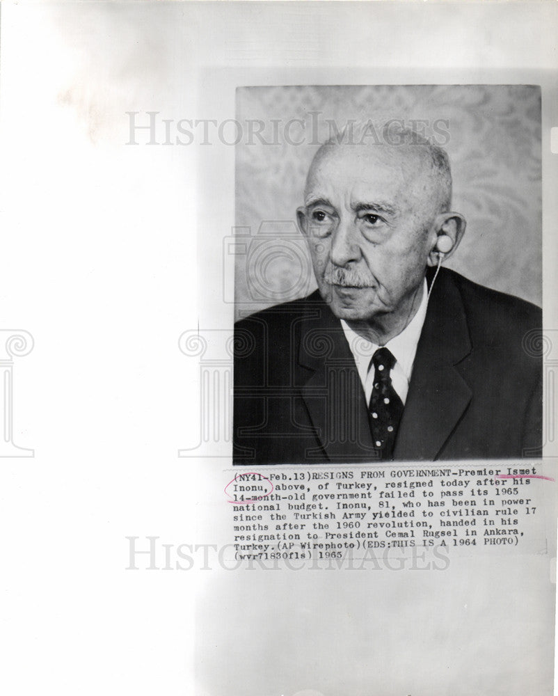 1965 Press Photo Ismet In?n? President Turkey - Historic Images