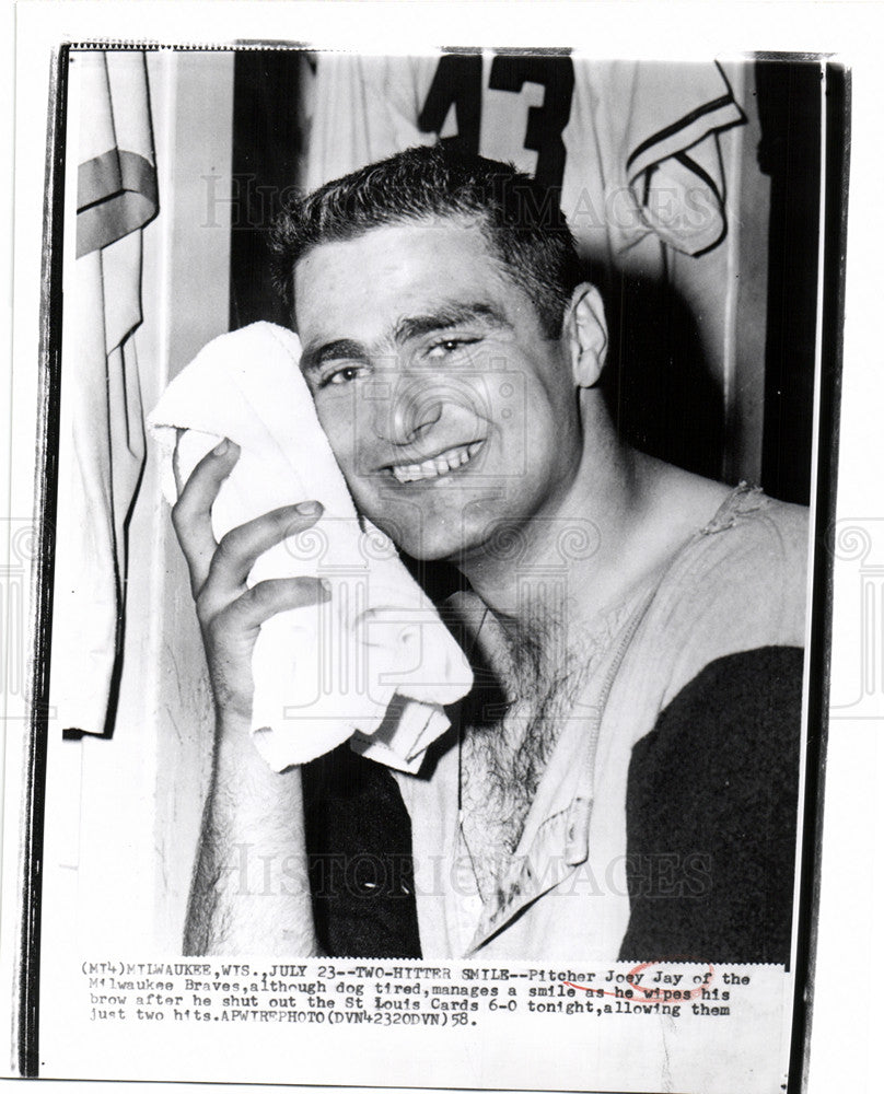 1958 Press Photo Joey Jay, Milwaukee Braves - Historic Images
