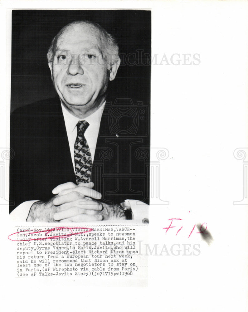 1968 Press Photo Jacob K.Javits Senator New York - Historic Images