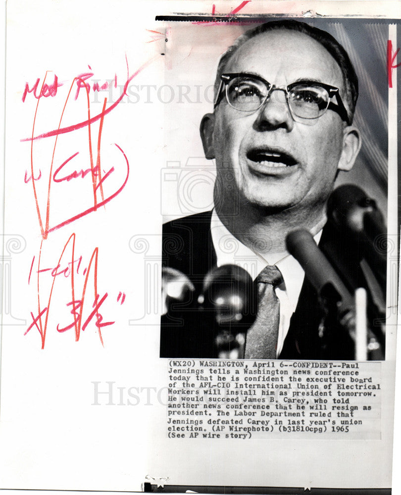 1965 Press Photo Paul Jennings AFL CIO Union president - Historic Images