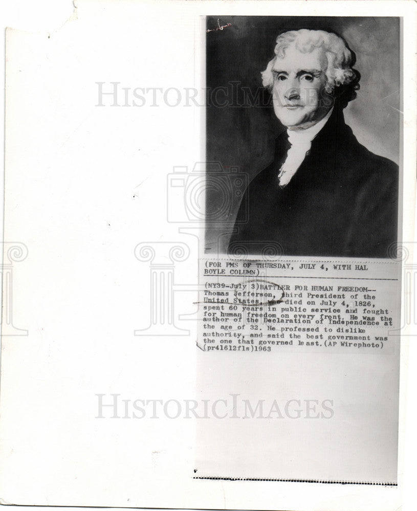 1963 Press Photo Thomas Jefferson, United States - Historic Images