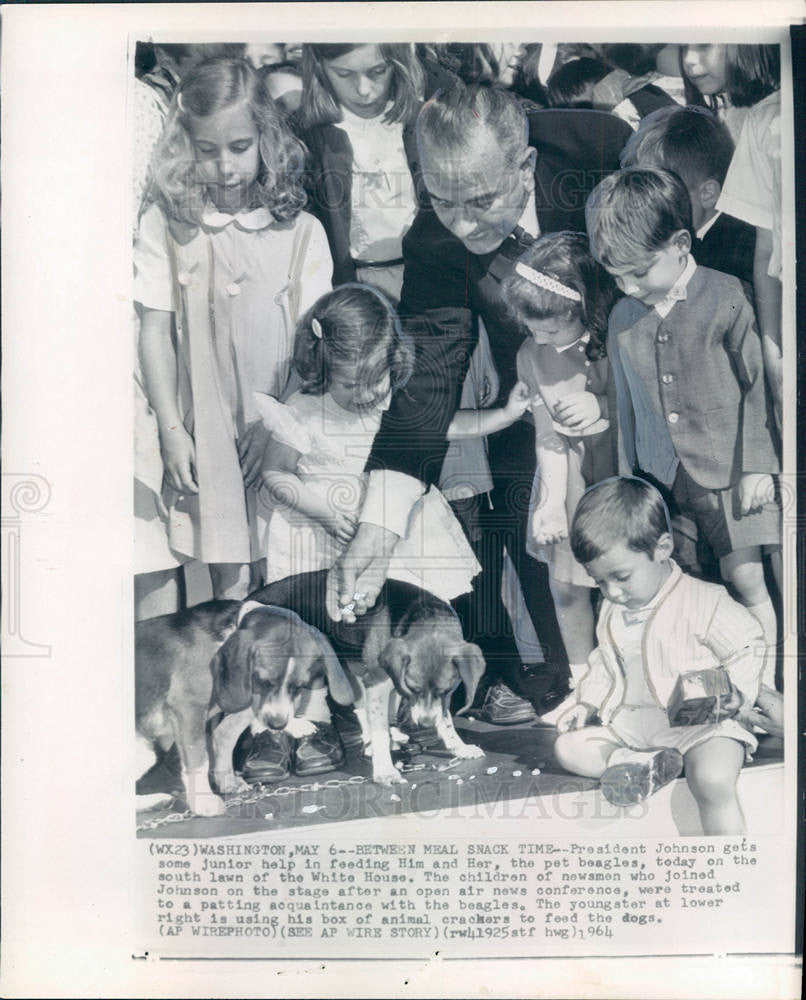 1964 Press Photo President Johnson kids feeding beagles - Historic Images