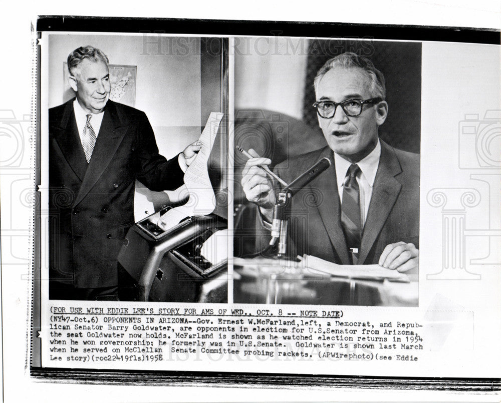 1958 Press Photo Ernest W. McFarland Barry Goldwater - Historic Images