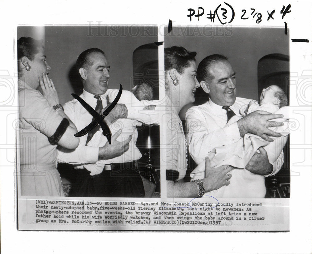 1957 Press Photo Joseph McCarthy wife new adopted baby - Historic Images