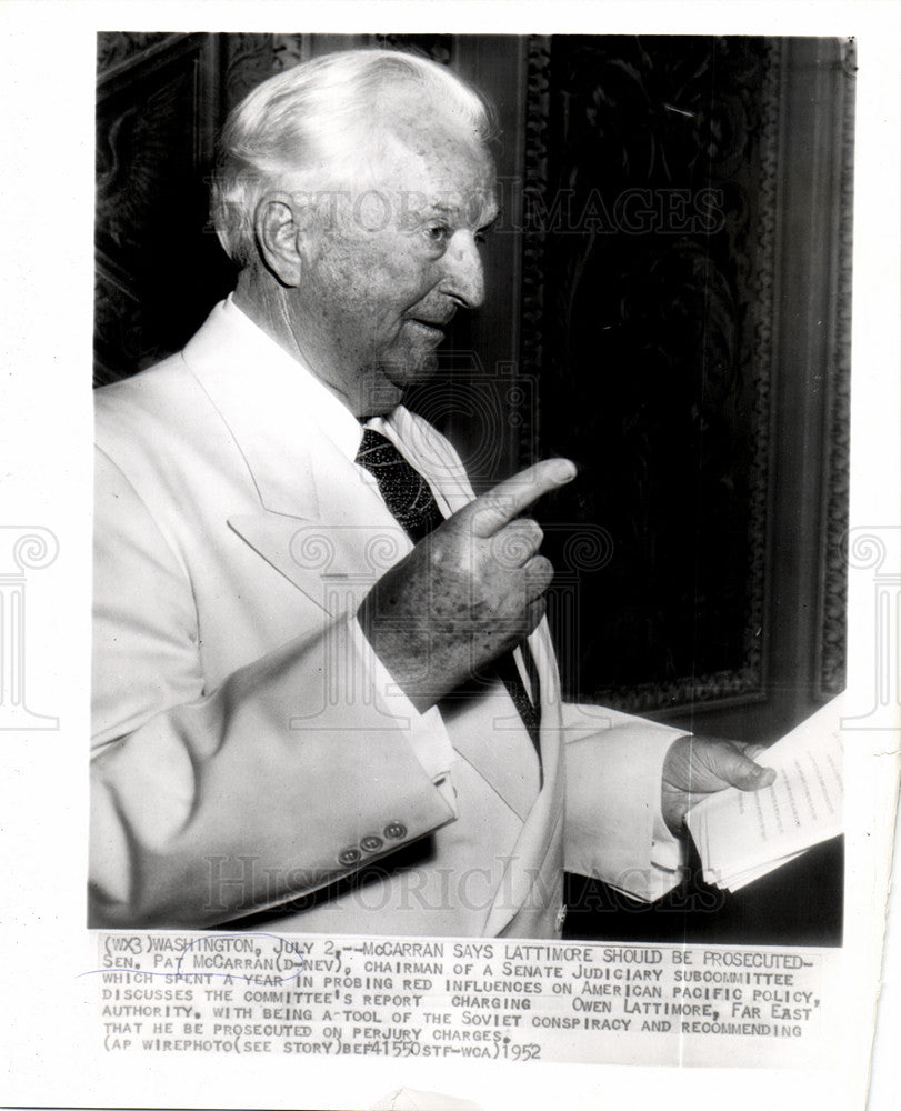 1952 Press Photo Pat McCarran chairman communist probe - Historic Images