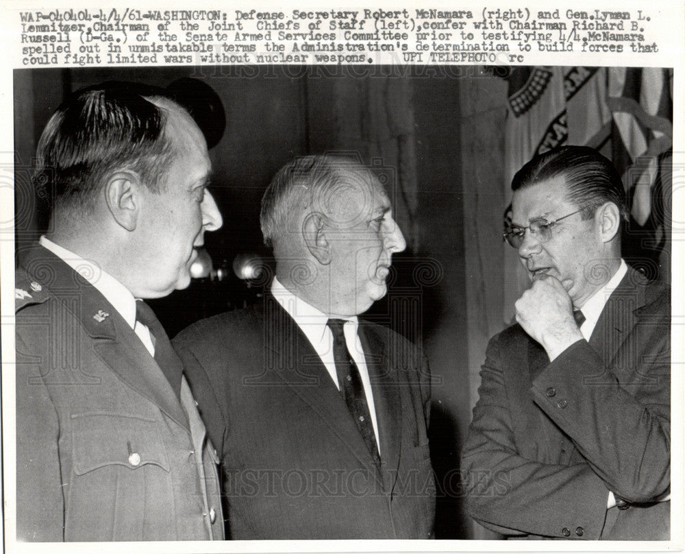 1961 Press Photo McNamara Lemnitzer Russell testify - Historic Images