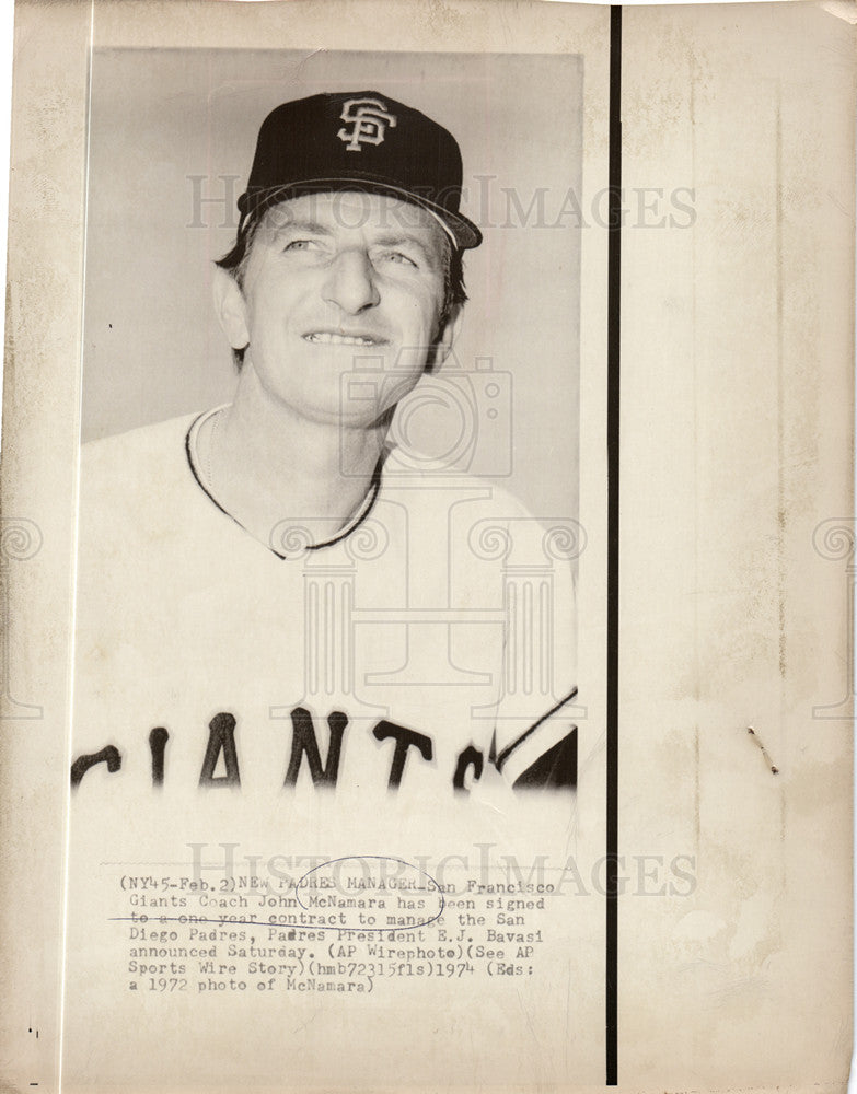 1974 Press Photo John McNamara san francisco giants - Historic Images