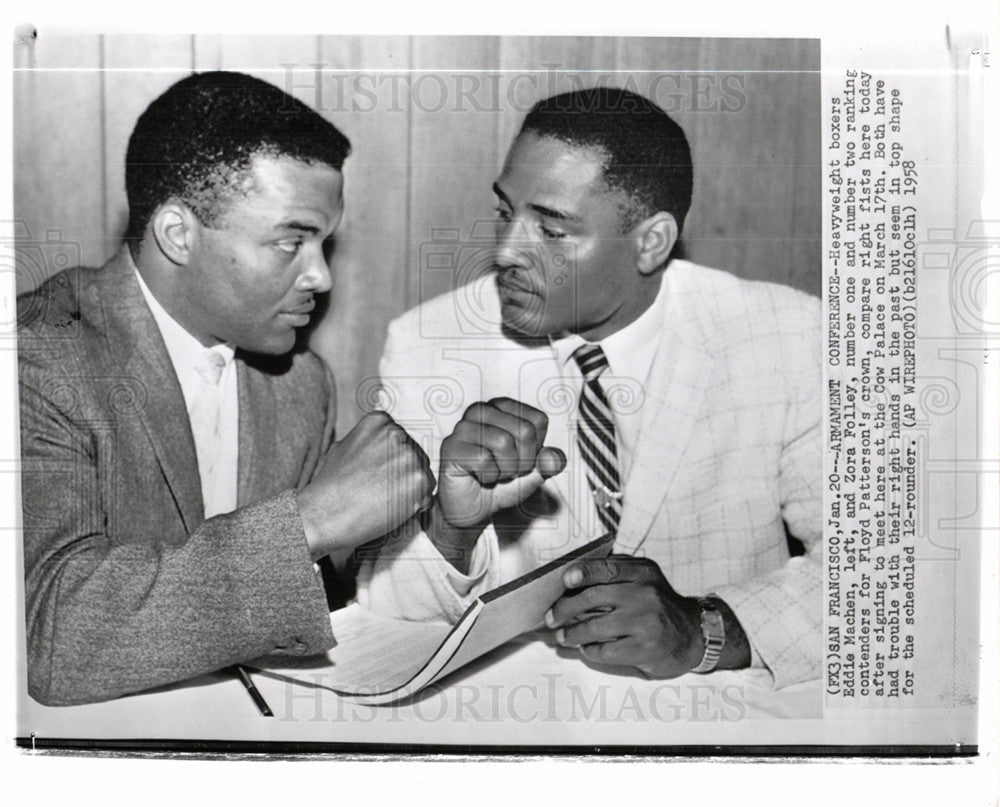 1958 Press Photo Edward Mills Machen zora folley boxer - Historic Images