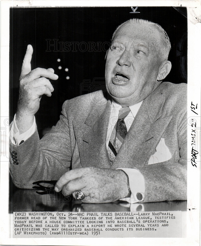 1951 Press Photo Larry MacPhail NY Yankees testify - Historic Images